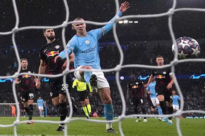 Erling Haaland pictured scoring one of his FIVE goals during Manchester City's 7-0 win over RB Leipzig in March 2023